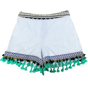 THML blue and white striped summer shorts with tassel trim size small NWOT